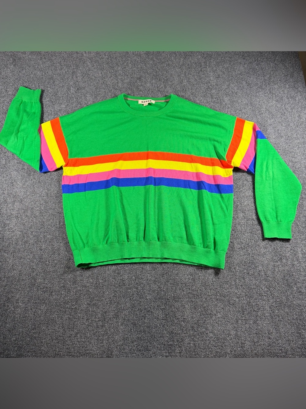 Boden Knit Sweater Bright Green Vibrant Rainbow Stripes Across Size Large Preppy
